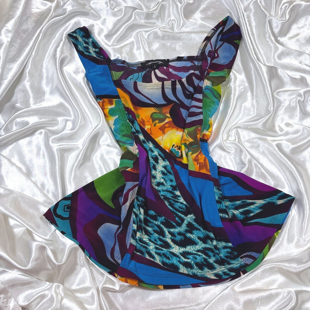 y2k Tank Top Multicolor Excellent Mesmerize Abstract Animal Print Peplum L